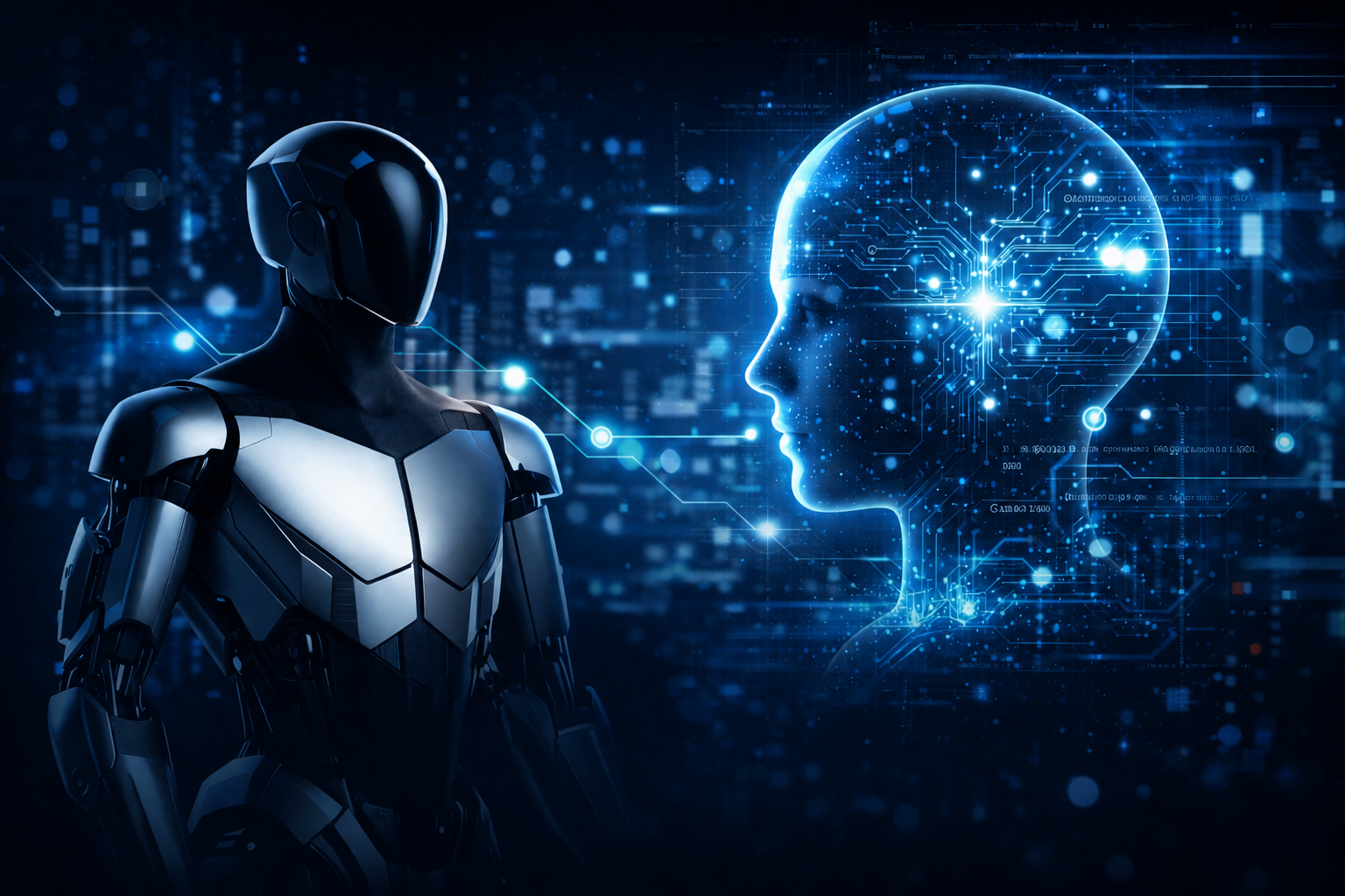 Humanoid robot facing a glowing digital AI profile